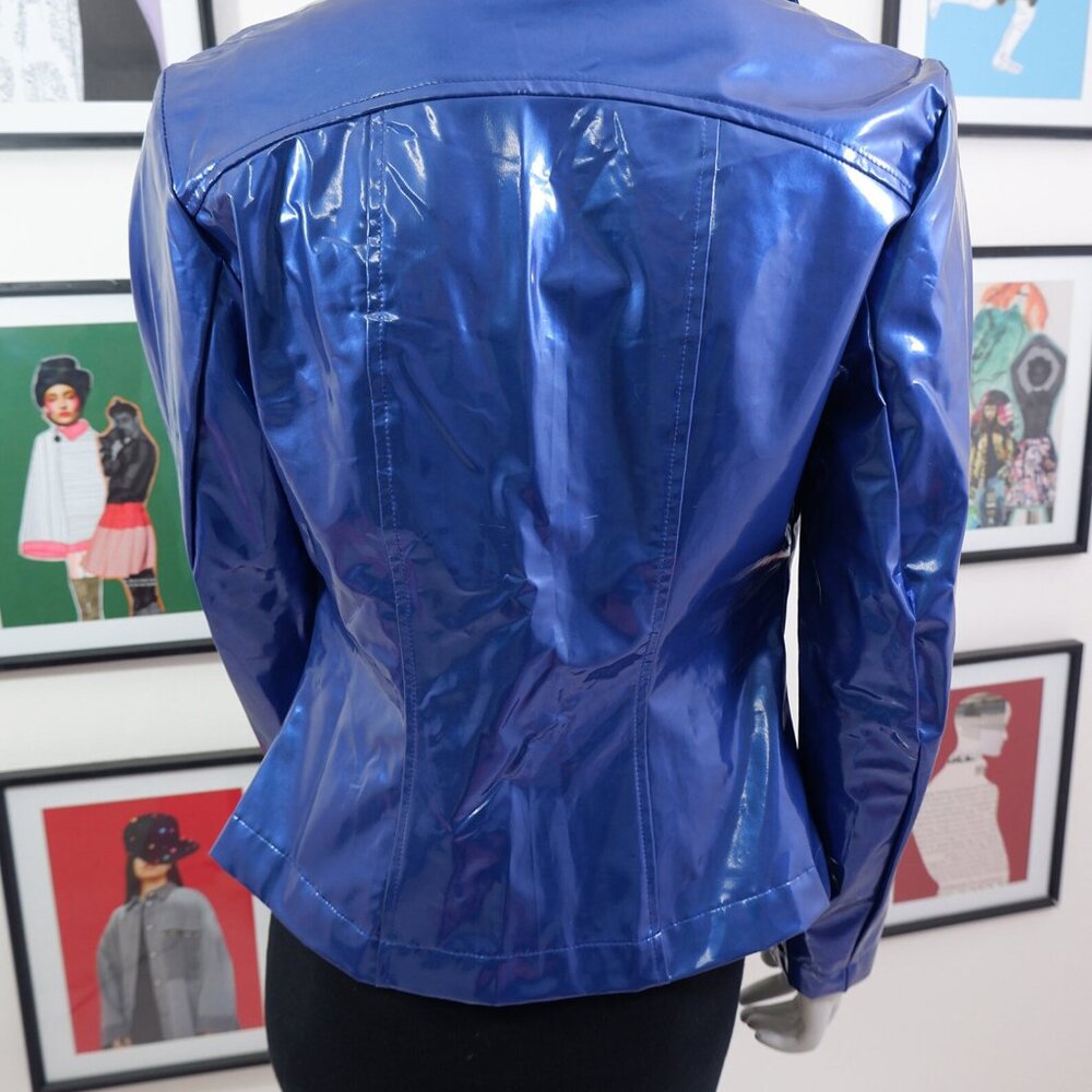 1990s Y2K Vinyl Look Shiny Slick Blue Polyurethane Jacket S Club - Picture 7 of 8